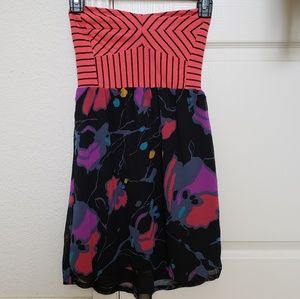Roxy coral/black floral summer strapless dress XS